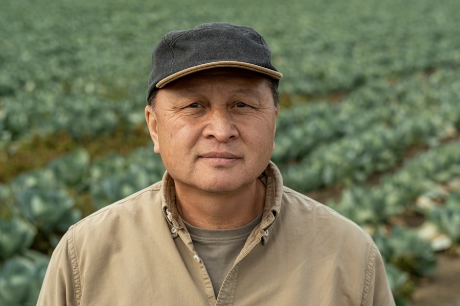 Farmer in cabbage field